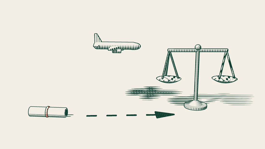 A power of attorney tied with ribbon arrives by aeroplane along an arrowed path and reaches a set of scales.
