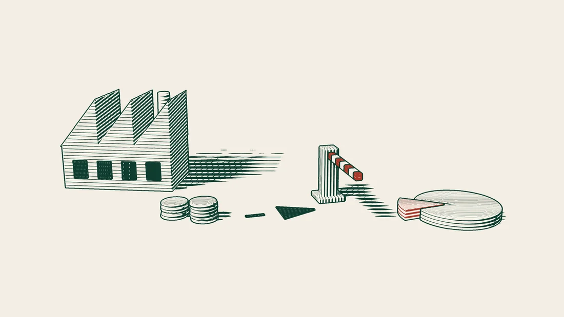 An arrowed path from towers of coins beside a factory stops at a closed barrier, beyond which a share disc has one small red slice set apart.