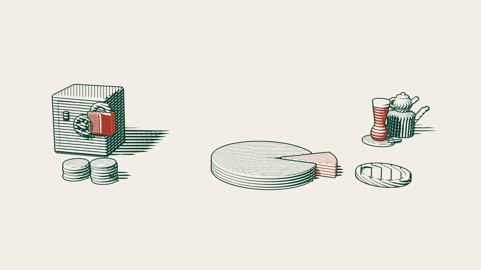 Engraving: a company safe shut with a red padlock and stacks of coins in front, beside a disc with a small red slice set apart and an empty tray.