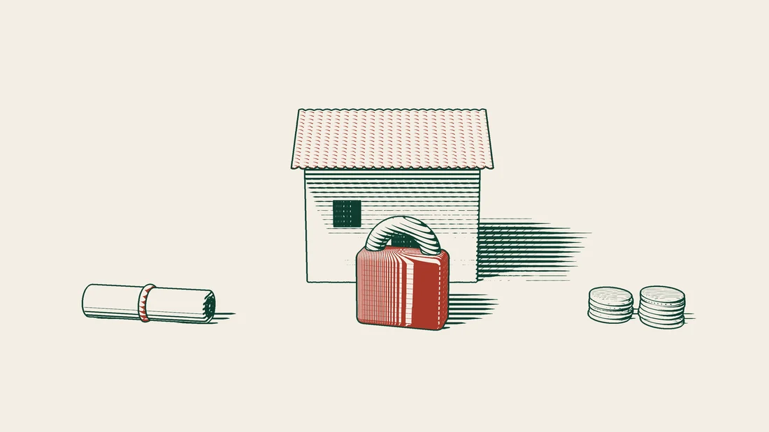 A large red padlock rests on the ground before a tile-roofed house, with a ribboned scroll on the left and stacks of coins on the right.