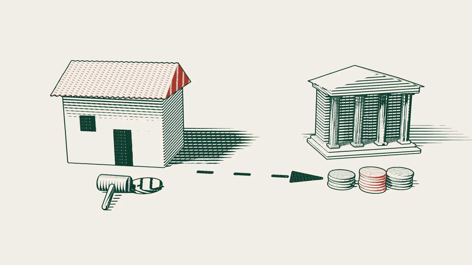 Engraving: a gavel in front of a tile-roofed house, with an arrowed path leading from the house to red stacks of coins before a columned bank building.