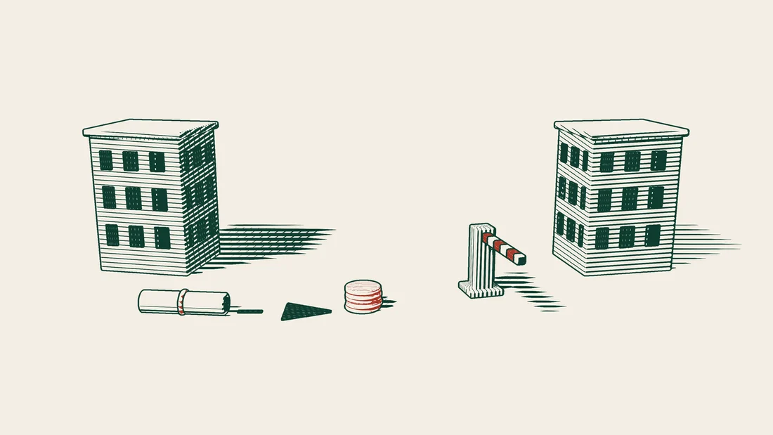 A contract scroll before the left-hand building is linked by an arrowed path to a red stack of coins, with a barrier and a rival building to the right.