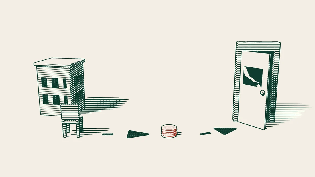An empty chair in front of a former workplace building, with an arrowed path running to a red tower of money and on to a half-open door.