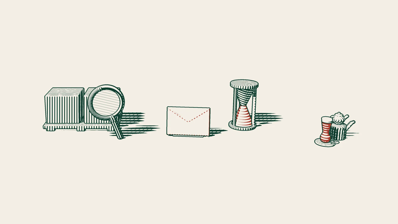 Engraving: delivered boxes examined under a magnifying glass, with a red envelope and a small hourglass beside them and a Turkish tea set at the side.