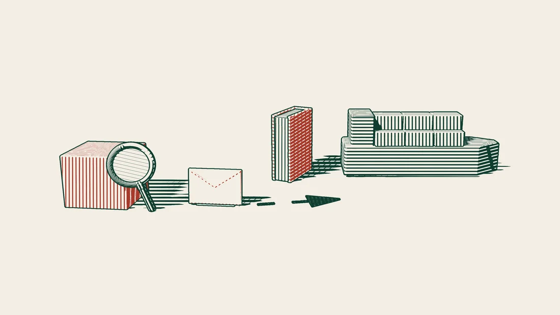 A red crate examined with a magnifying glass, an envelope with a dashed arrow towards a loaded cargo ship, and a red-bound book standing between them.