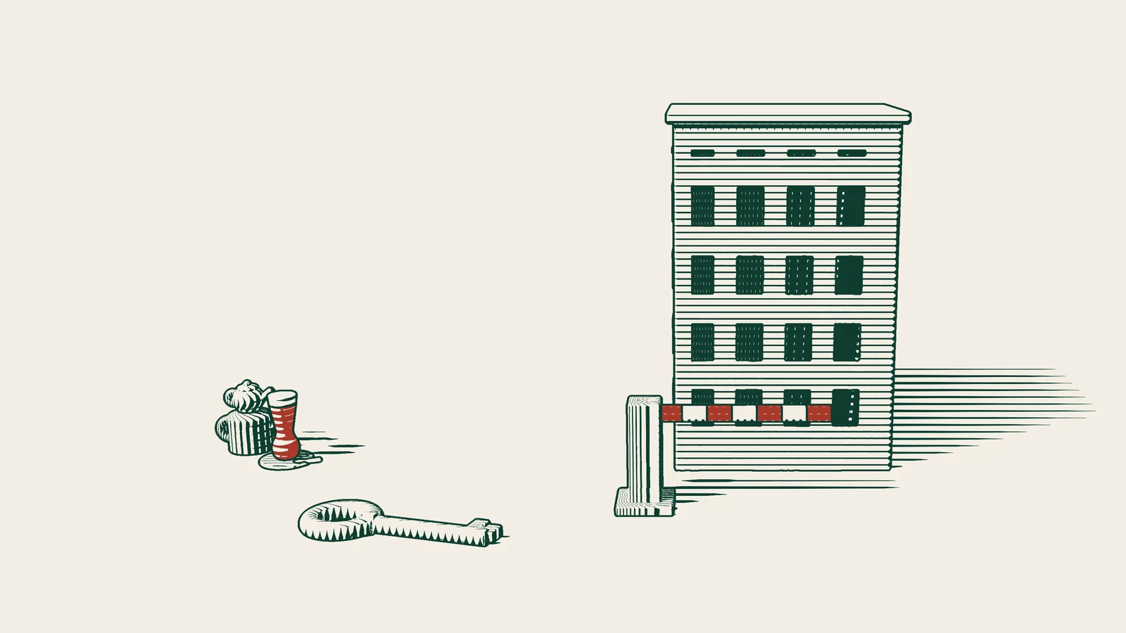 Engraving: a closed barrier in front of an apartment building, with a brass key before the barrier and a Turkish tea set at the side.