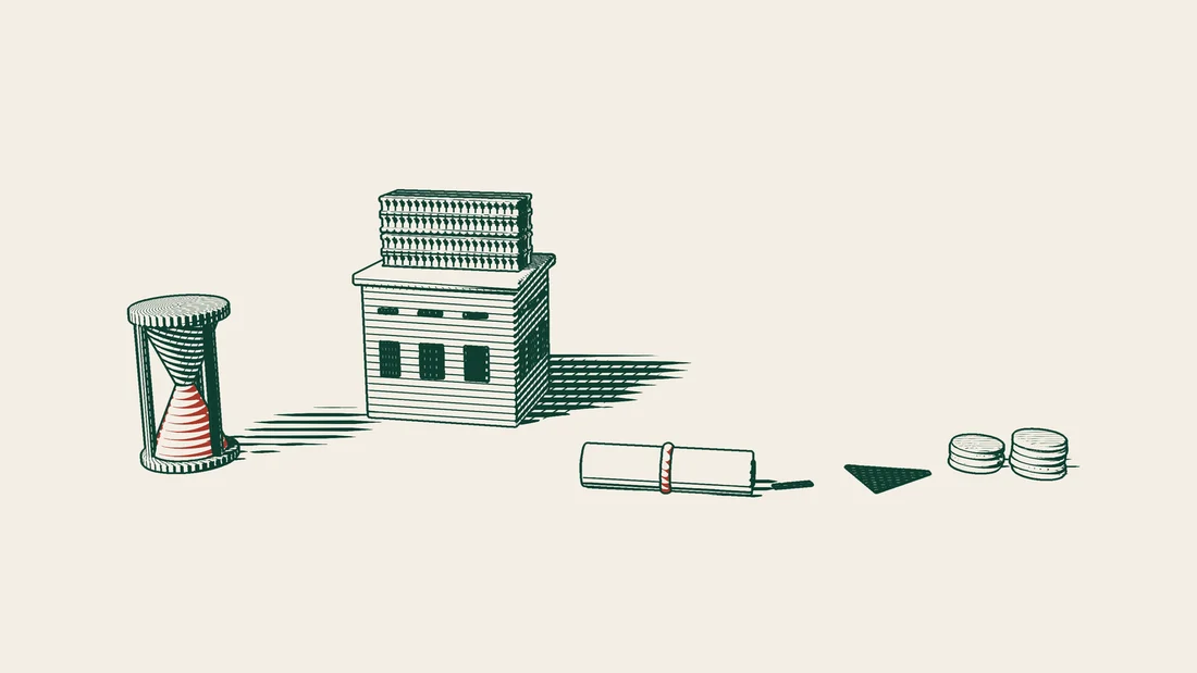 An hourglass beside an unfinished apartment block with bare steel beams on top, and a ribboned contract scroll with a dashed arrow to stacks of coins.