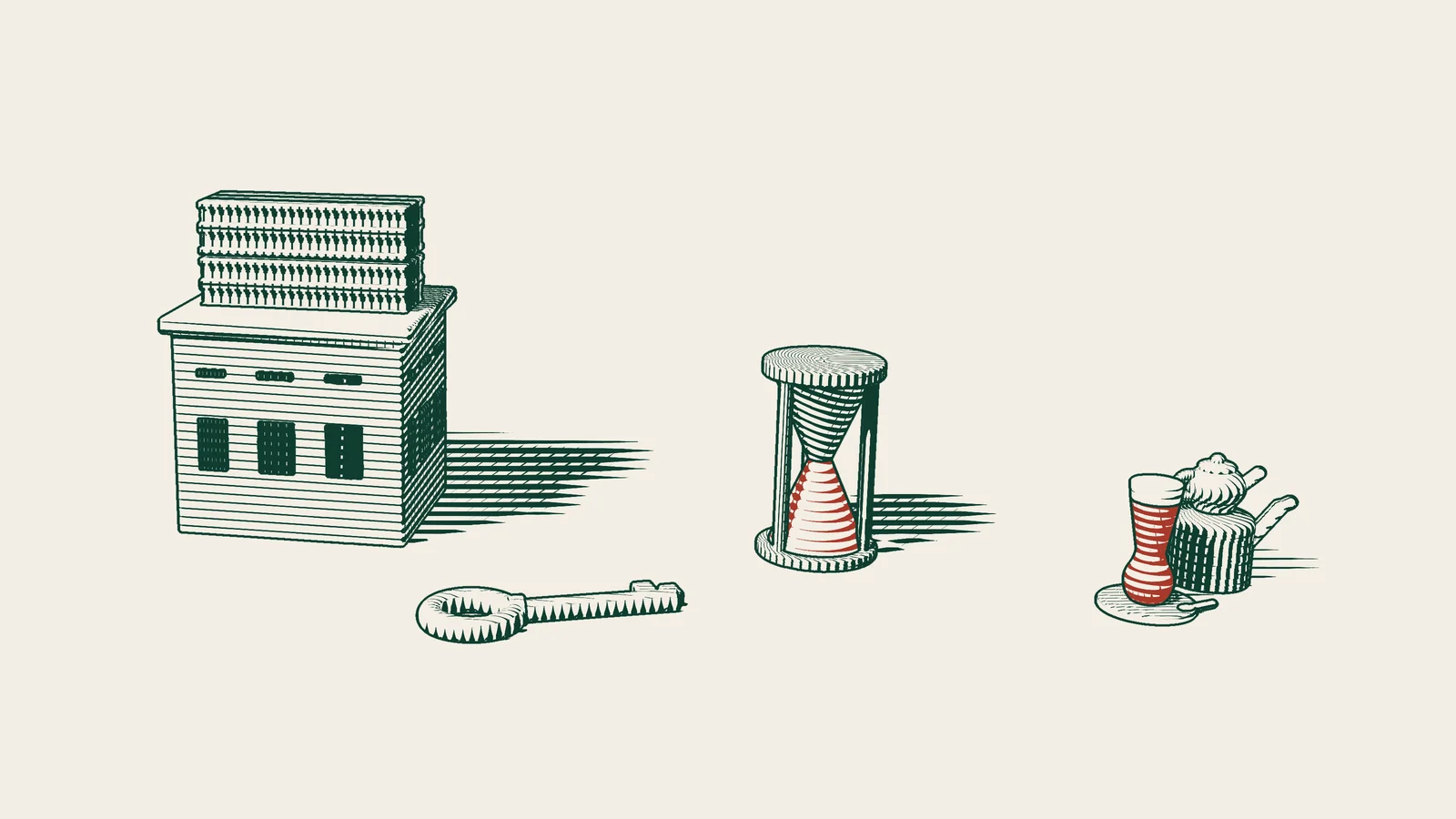 Engraving: a key and an hourglass waiting in front of an unfinished apartment block with bare steel beams, beside a Turkish tea set.