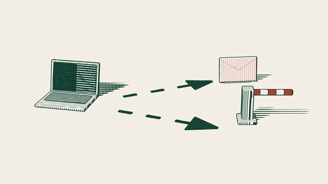 Two paths lead away from a laptop, one ending at a red envelope and the other at a closed barrier.