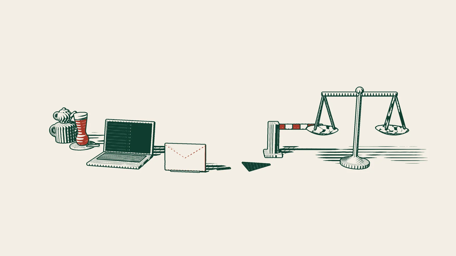 Engraving: a closed laptop with a red envelope on an arrowed path toward a closed barrier, beside a scale and a Turkish tea set.