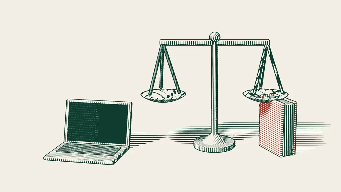 A closed laptop stands beside a scale and a red bound book in a green line engraving.