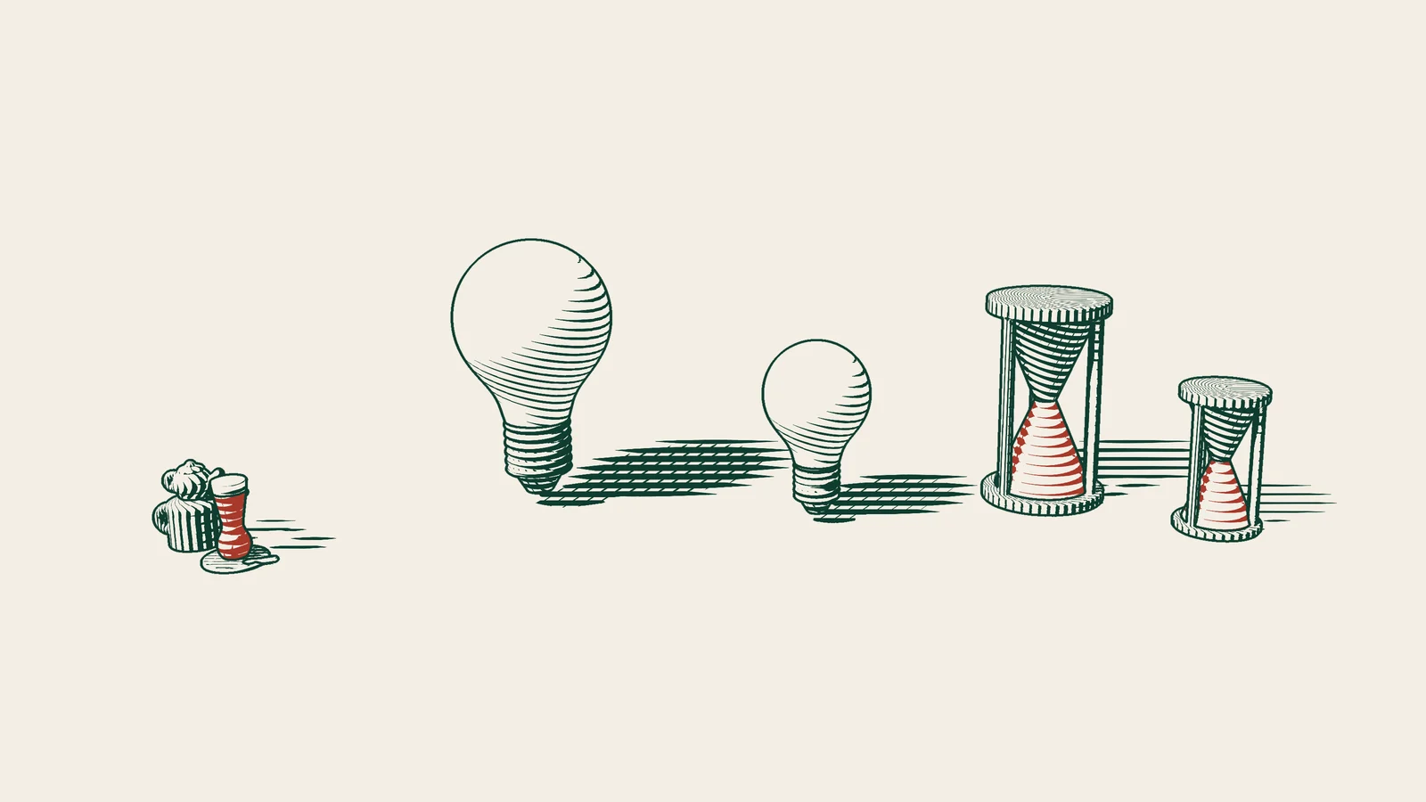 Engraving: a large and a small light bulb beside a tall and a short hourglass, with a Turkish tea set nearby.