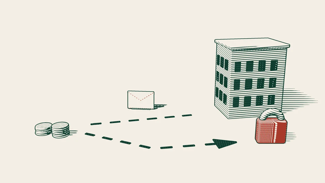 From towers of coins, a dashed line stops short of an office building and an arrowed path turns aside to a red padlock, with a red envelope behind.
