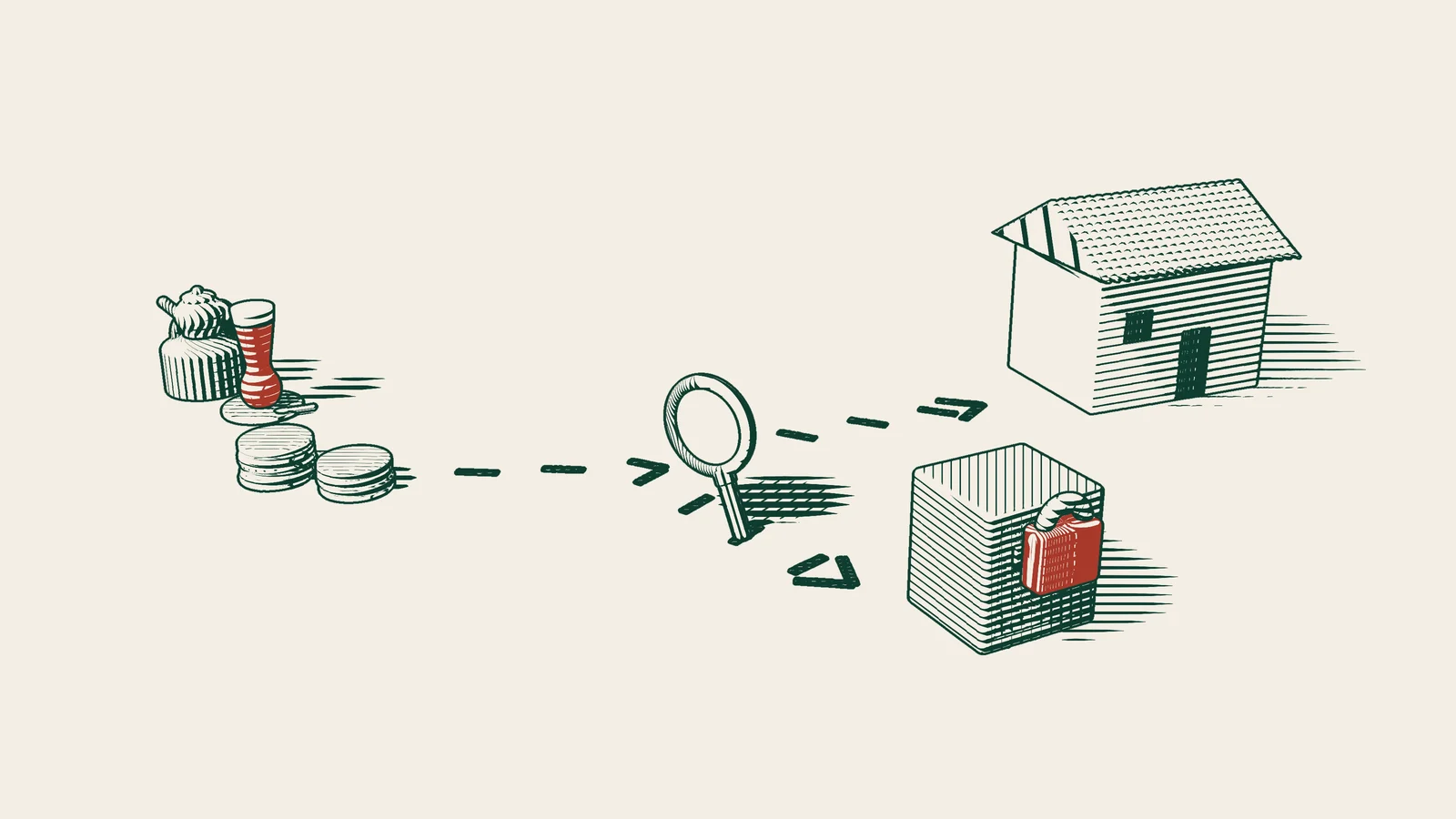 Engraving: coin stacks set off on a dashed path towards a house, but one branch turns aside under a magnifying glass and ends at a safe closed with a red padlock.