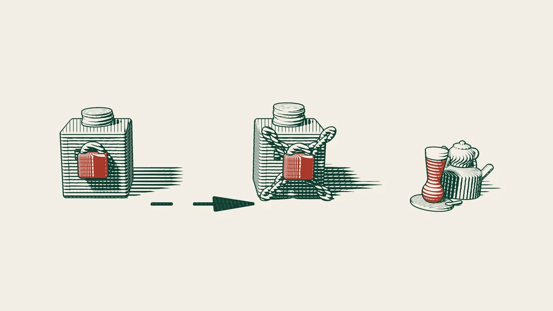 On the left a safe closed only with a red padlock, on the right a safe wrapped in crossed chains and padlocked, each with a coin stack on top; an arrow points from the first to the second.