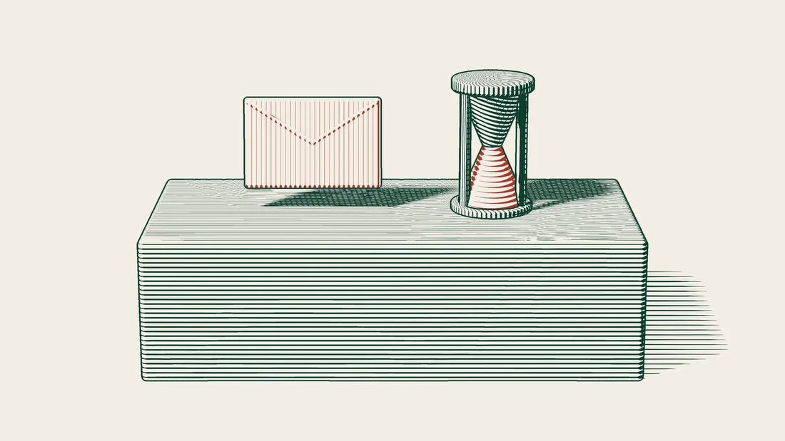 A red envelope lies on a desk beside an hourglass, drawn in dark green lines on cream paper.
