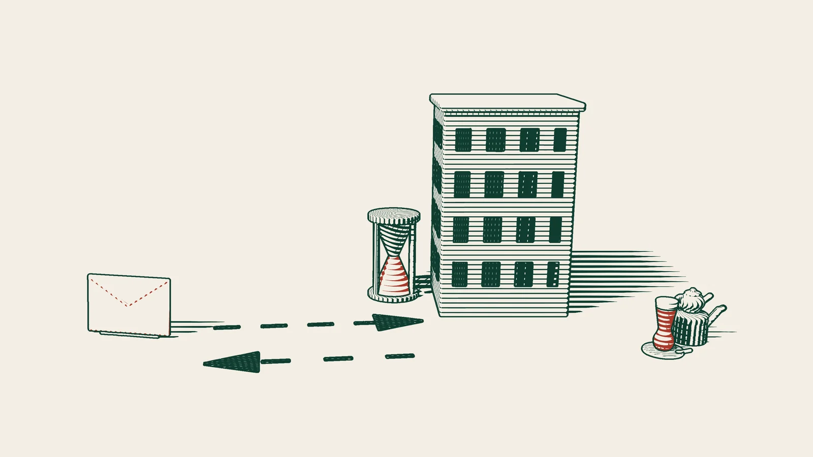 Engraving: a red envelope reaching a company building beside an hourglass, a short arrow turning back from the building, and a Turkish tea set.