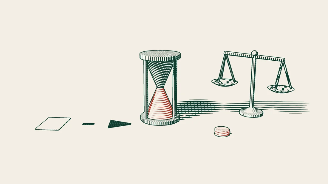 A road leads from an invoice sheet to a very large hourglass, with a tilted balance scale and a small tower of coins beside it.