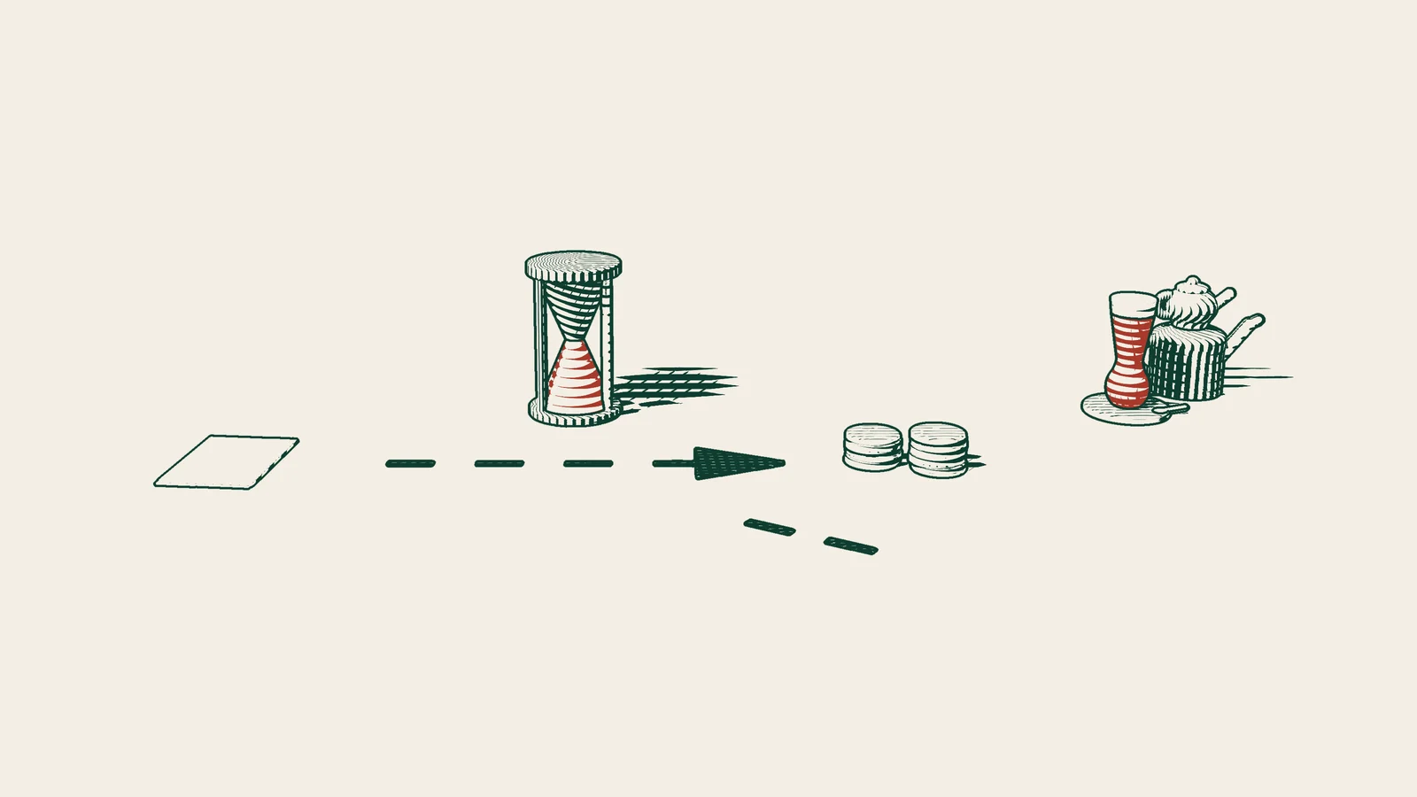 Engraving: a short path leads from an invoice sheet to towers of coins, with an hourglass beside it and a Turkish tea set at the side.