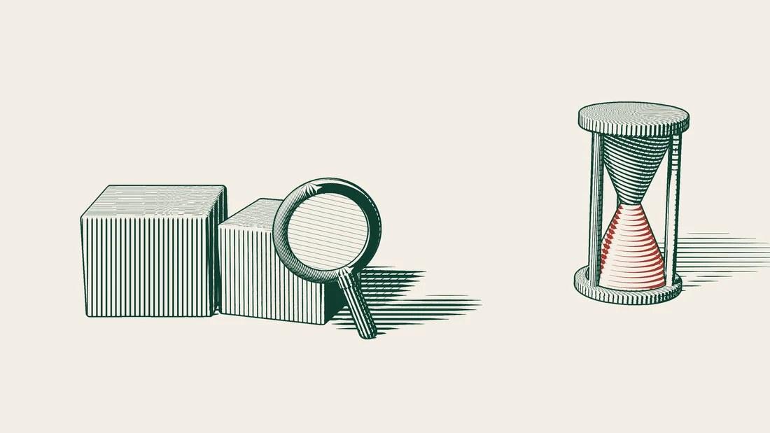 Delivered parcels are examined through a magnifying glass, with an hourglass standing beside them.