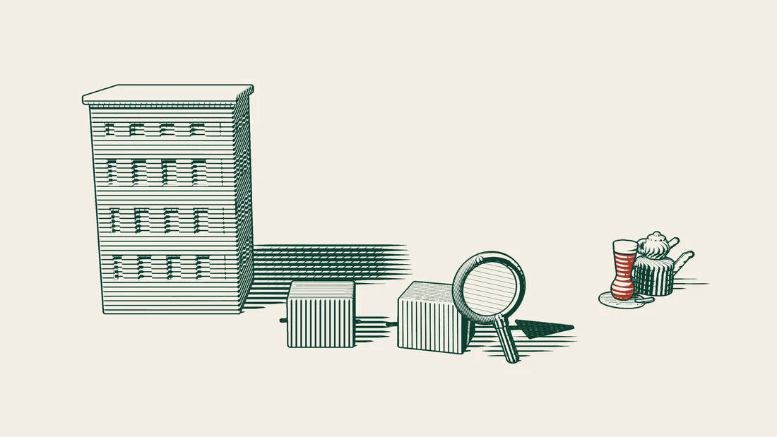 Cartons are carried out of a company building along an arrowed path while a magnifying glass follows them.