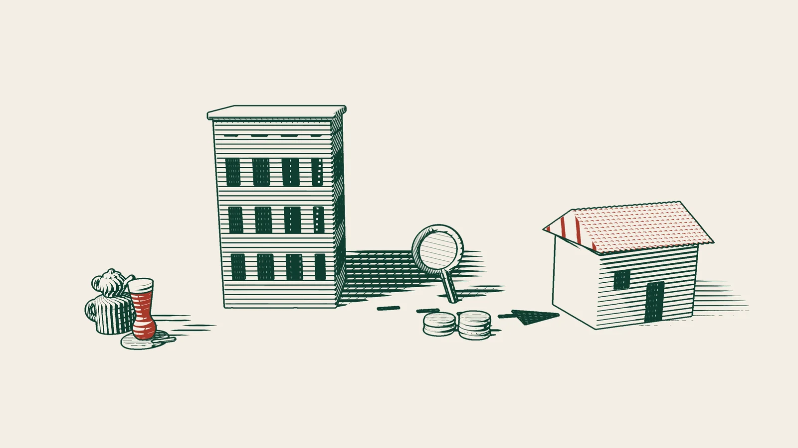 Engraving: stacks of coins carried from behind a company building along an arrowed path to a house, a magnifying glass on the trail and a Turkish tea set.