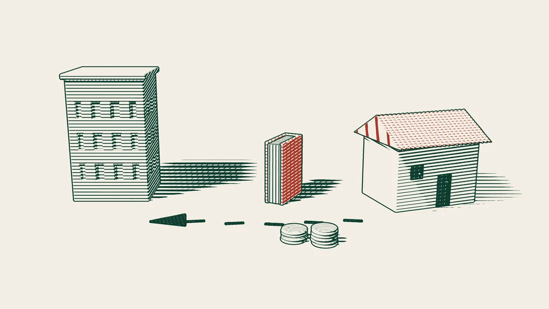 Stacks of coins taken to a house are brought back along an arrowed path that passes a red-bound court book.