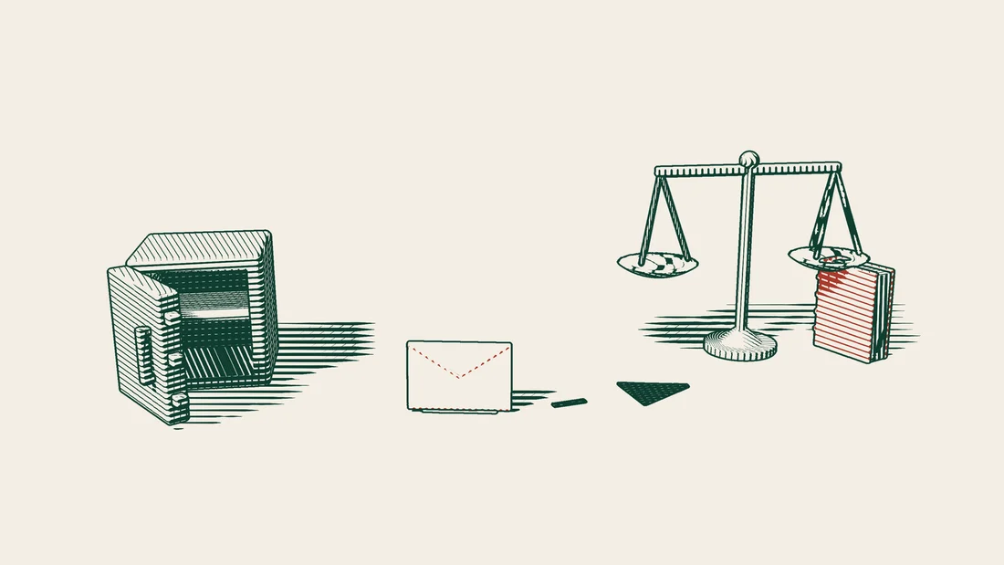 An open steel safe with nothing inside, an envelope beside it and a dashed arrow leading to scales and a red-bound court book.
