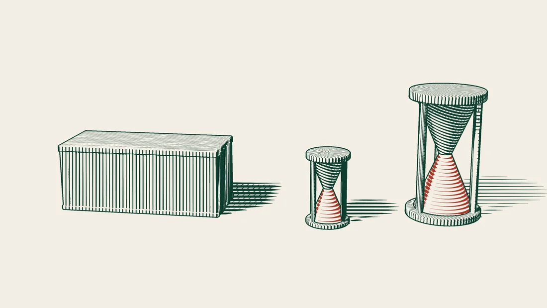 A shipping container stands beside two hourglasses, one short and one tall.