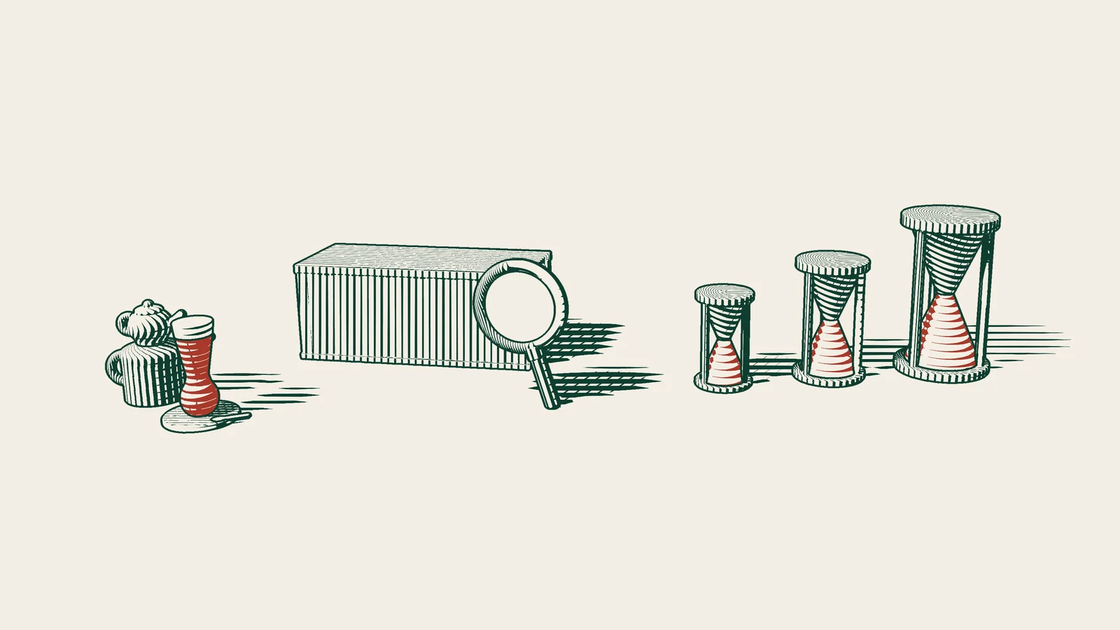 Engraving: a cargo container examined through a magnifying glass, three hourglasses of different heights and a Turkish tea set beside it.