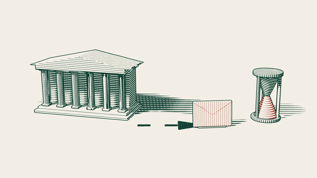 A red envelope and an hourglass emerge from a columned institutional building.