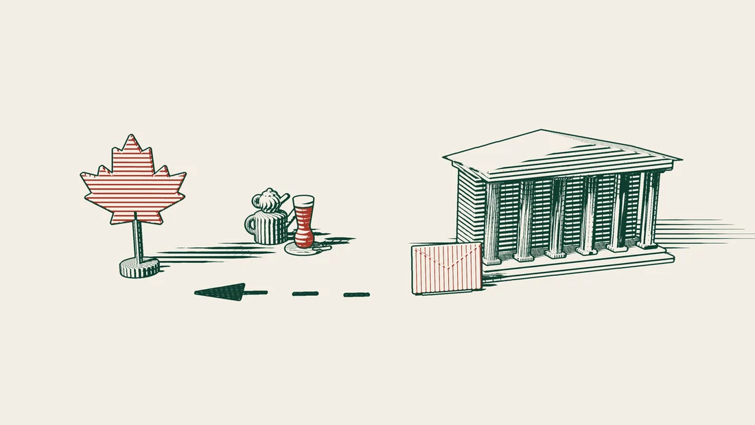 A red envelope travels back along an arrowed path from a columned office building to a red maple leaf.