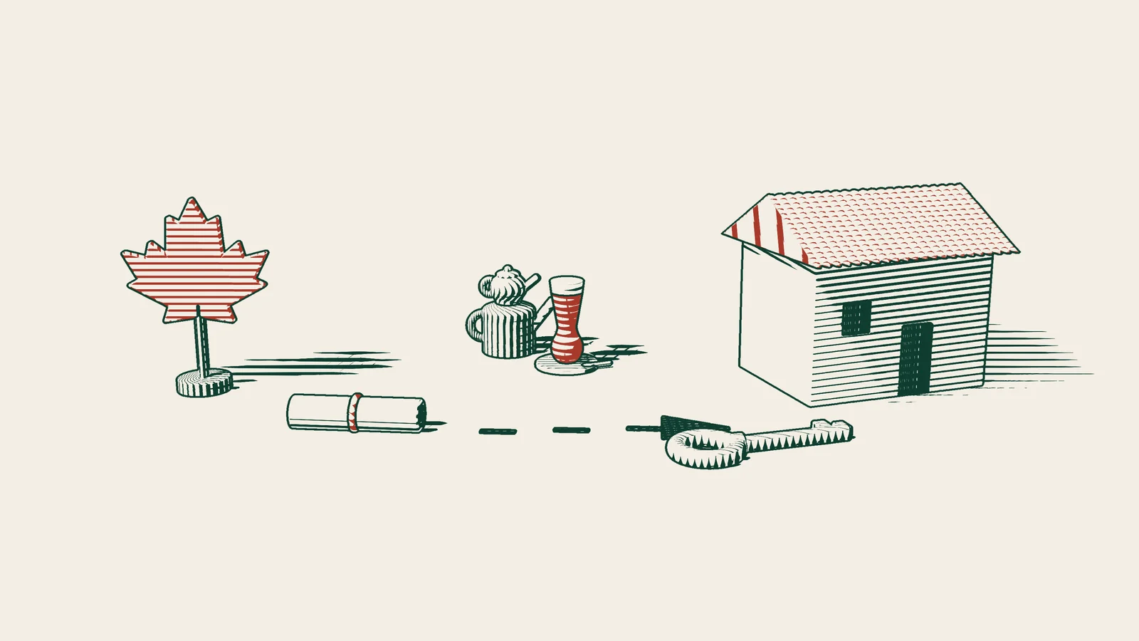 Engraving: a ribboned power of attorney travels from a red maple leaf along an arrowed path to a house, with a brass key and a Turkish tea set.