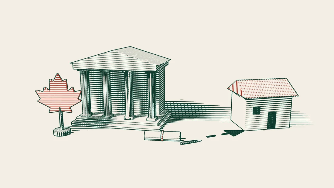 A red maple leaf stands beside a columned office building with a pen and a ribboned document in front, and an arrowed path leads on to a house.