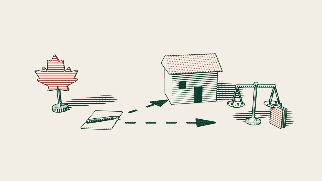 Beside a red maple leaf, an open blank sheet with a fountain pen sends one arrowed path to a house and another to scales and a red-bound book.