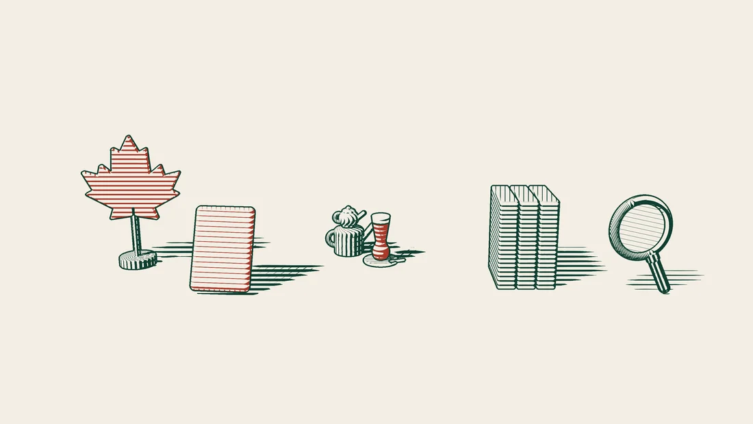 A passport stands between a red maple leaf and a Turkish tea set, beside file folders and a magnifying glass.