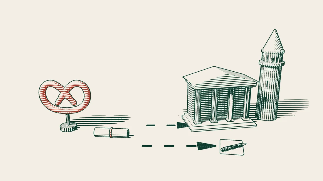 Two parallel dashed arrows leave a ribboned document beside a red pretzel: one to a columned building, the other to a pen on a blank sheet, with an Istanbul stone tower behind.