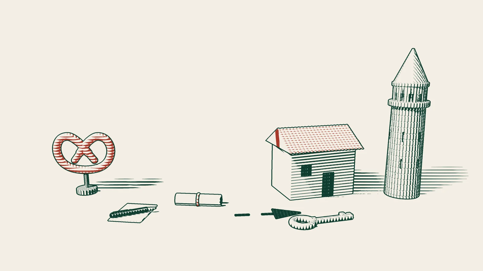 Engraving: a fountain pen on a blank sheet and a ribboned document beside a red pretzel, a dashed arrow leading to a key and a tiled-roof house, an Istanbul stone tower on the right.