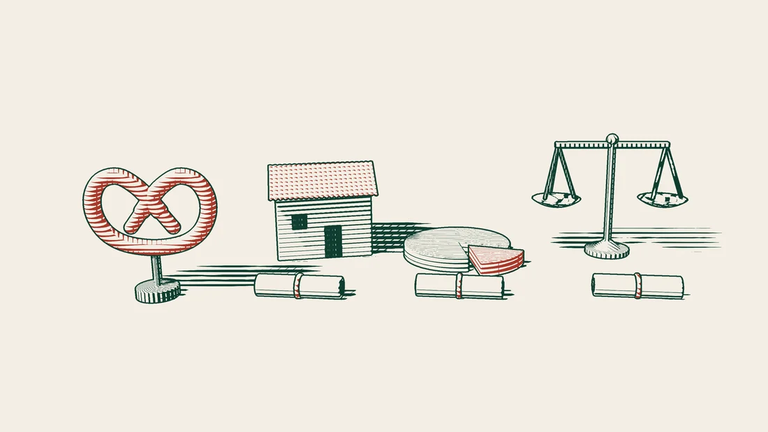 Three ribboned documents in a row beside a red pretzel, with a tiled-roof house, a disc with one slice drawn out and a balance behind them.