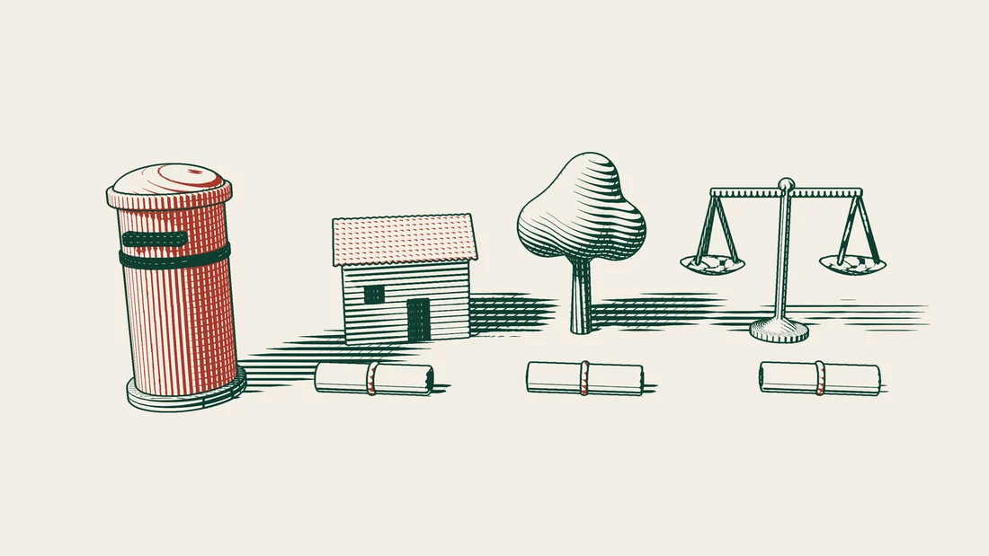 Three ribboned documents stand side by side beside a red pillar box, each with a house, a tree or a set of scales behind it.