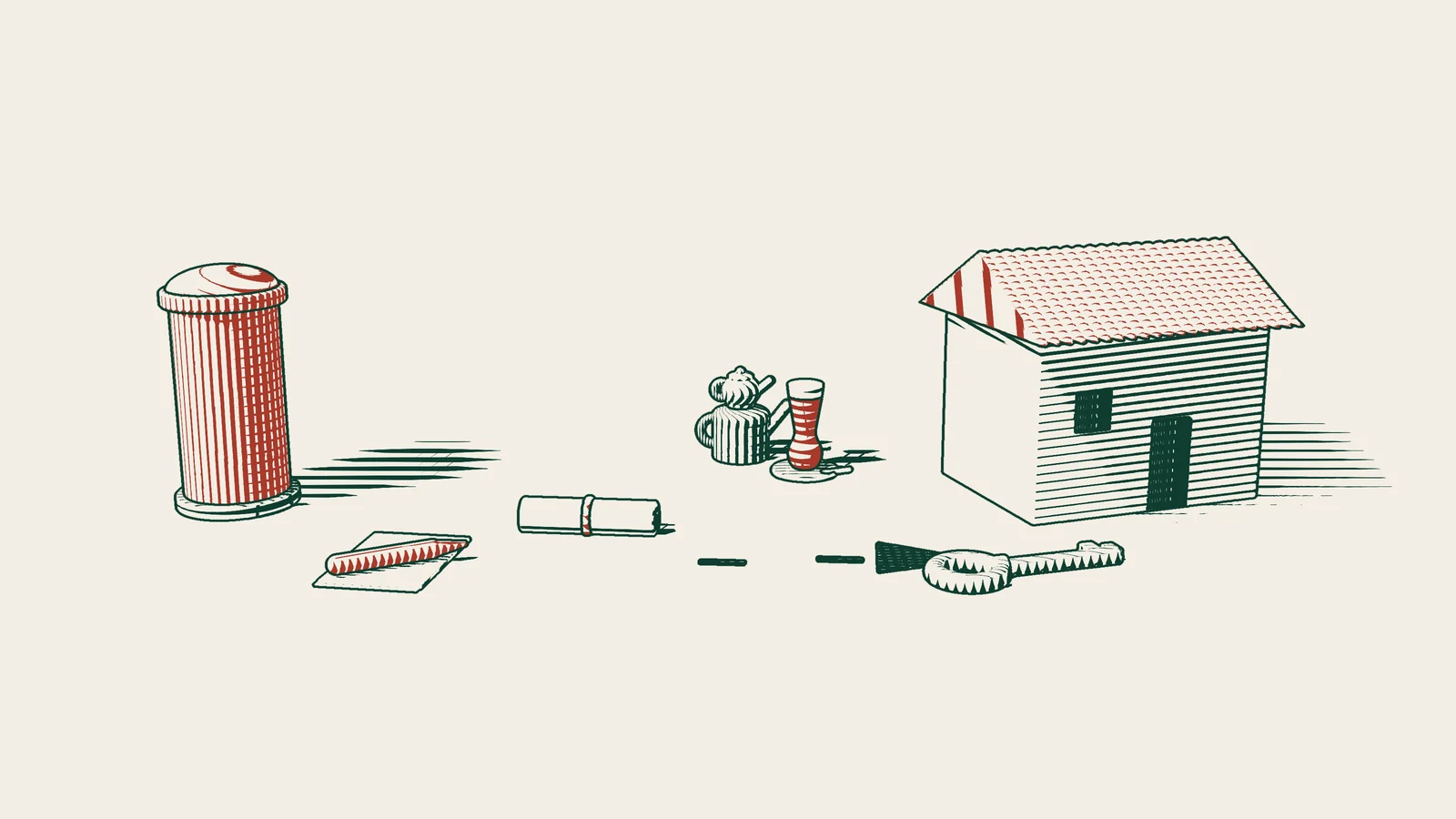 Engraving: a sheet under a fountain pen and a ribboned power of attorney by a red UK postbox, with an arrowed path to a house and key in Türkiye.