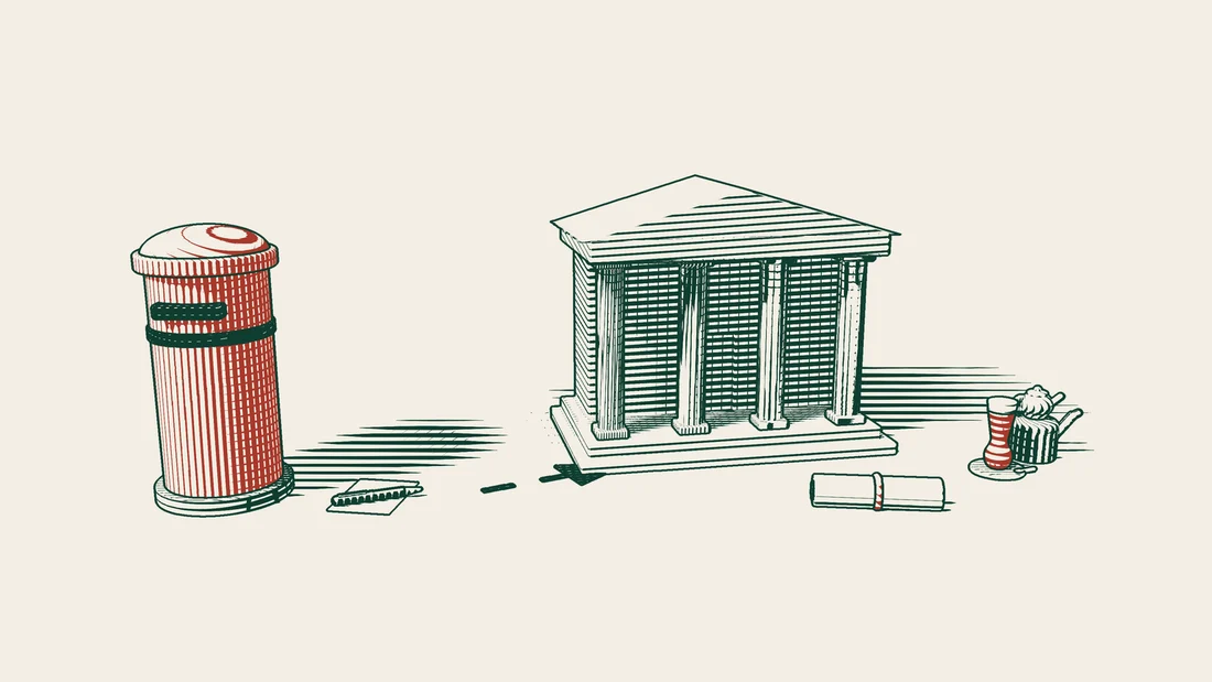 A red postbox and a blank sheet with a fountain pen, an arrow path leading to a columned building, and a ribboned document beside a Turkish tea set.