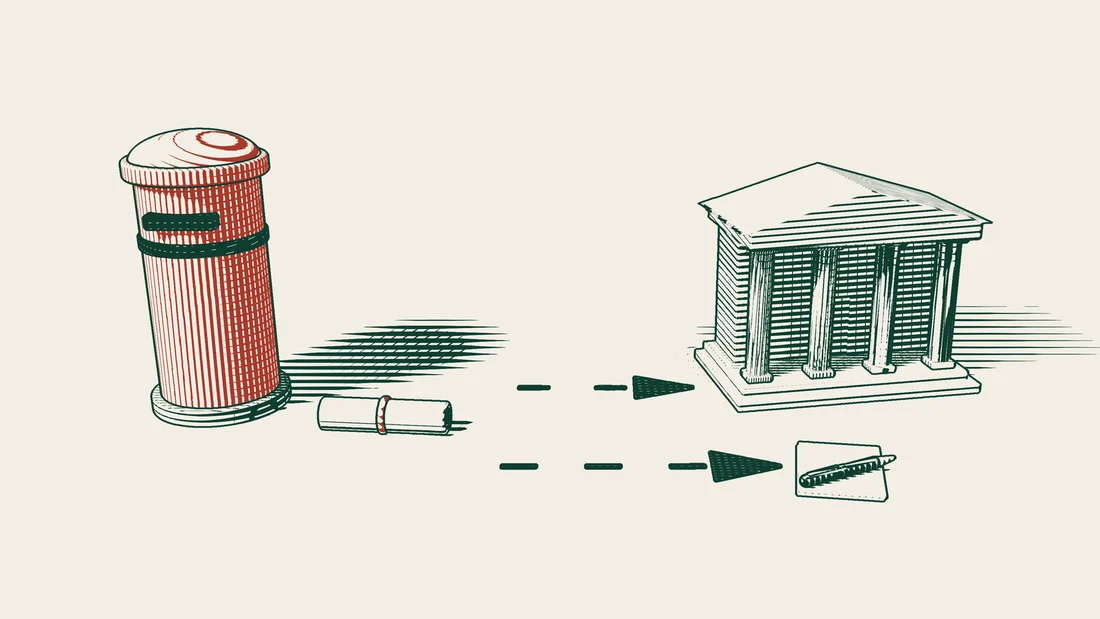 Two parallel arrowed paths run from a ribboned document by a red pillar box, one to a columned building, the other to a blank sheet with a pen.