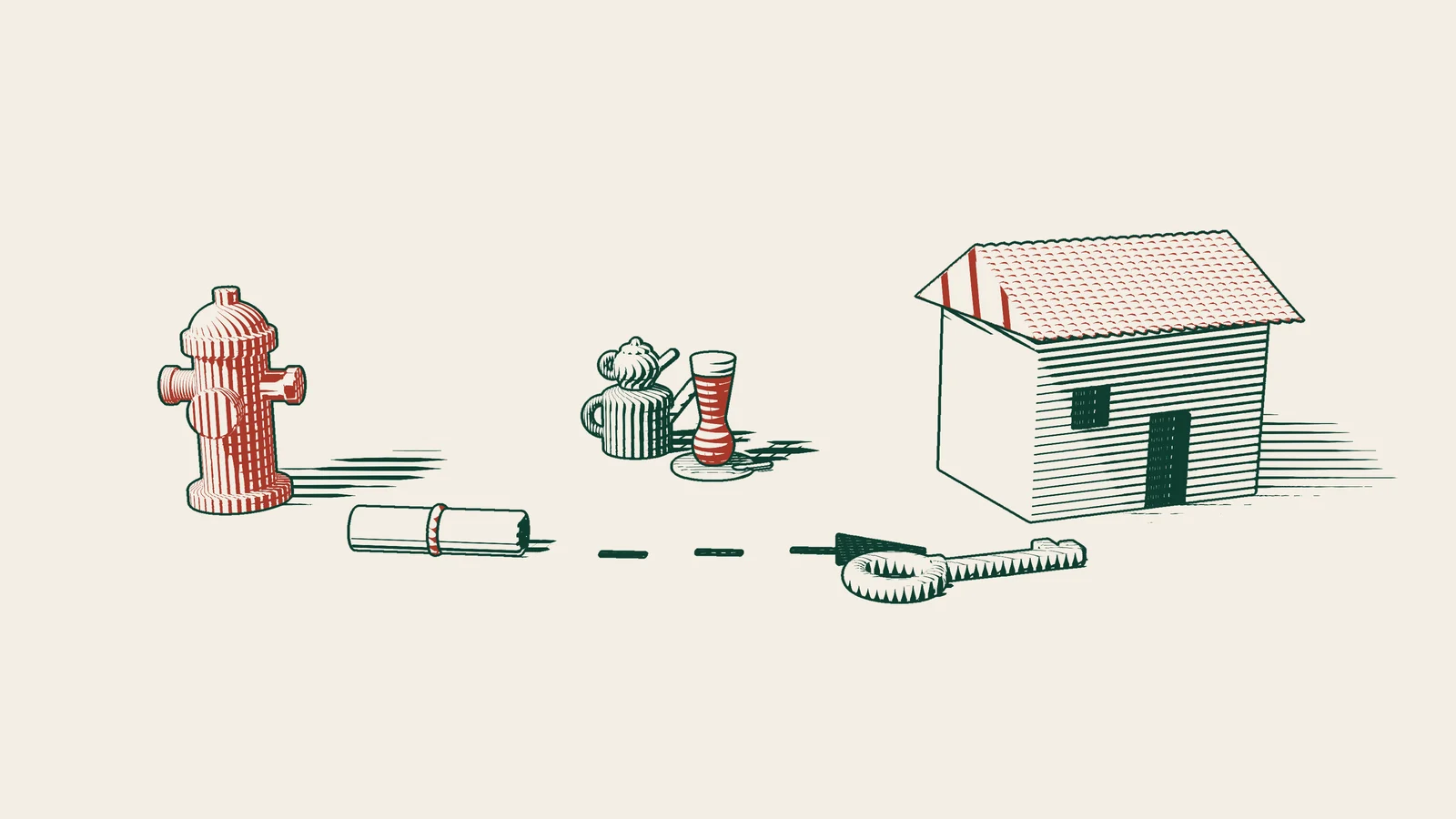 Engraving: a ribboned power of attorney travels from a red fire hydrant along an arrowed path to a house, with a brass key and a Turkish tea set.