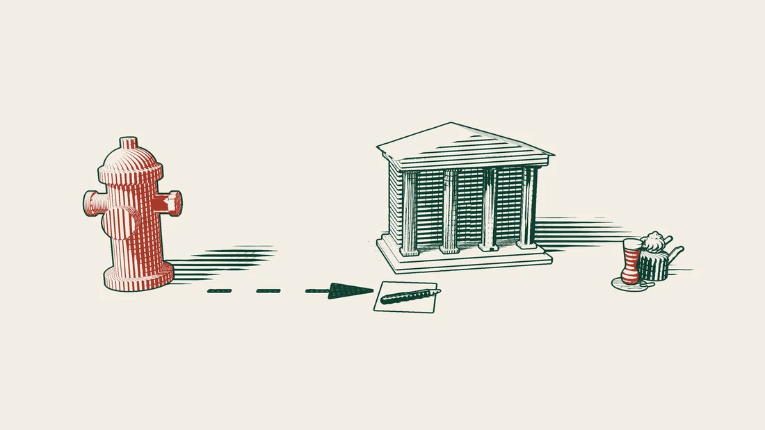 A large red fire hydrant with a dashed arrow to a sheet and pen in front of a columned building, and a Turkish tea set on the right.