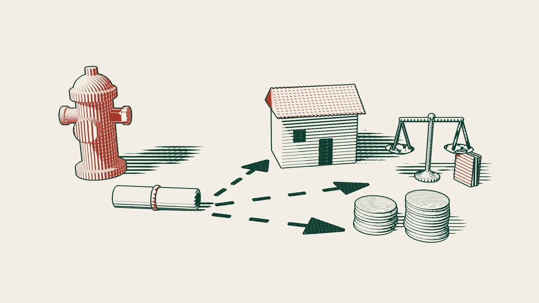 A large red fire hydrant beside a ribboned scroll, with three dashed arrows leading to a tiled-roof house, scales with a red book, and stacks of coins.