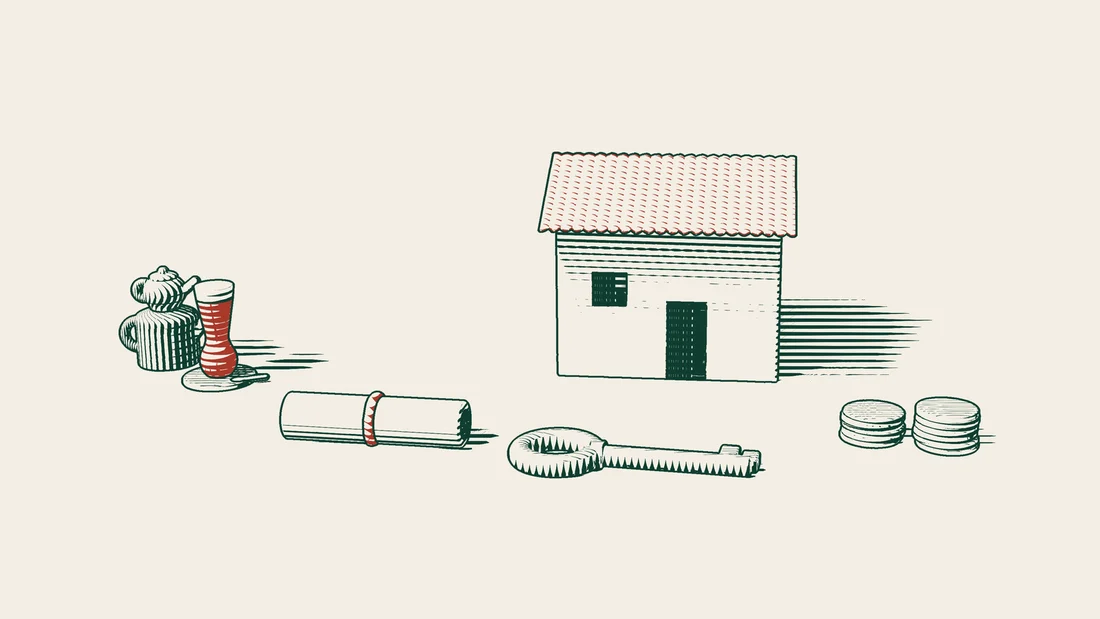 A ribboned power of attorney lies beside a brass key and stacks of coins, with a house in the background.