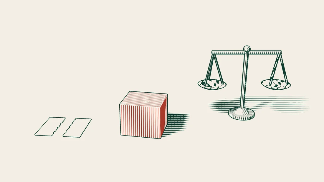 A torn contract page lies beside a product carton marked in red and a balance scale, drawn in green line on cream paper.