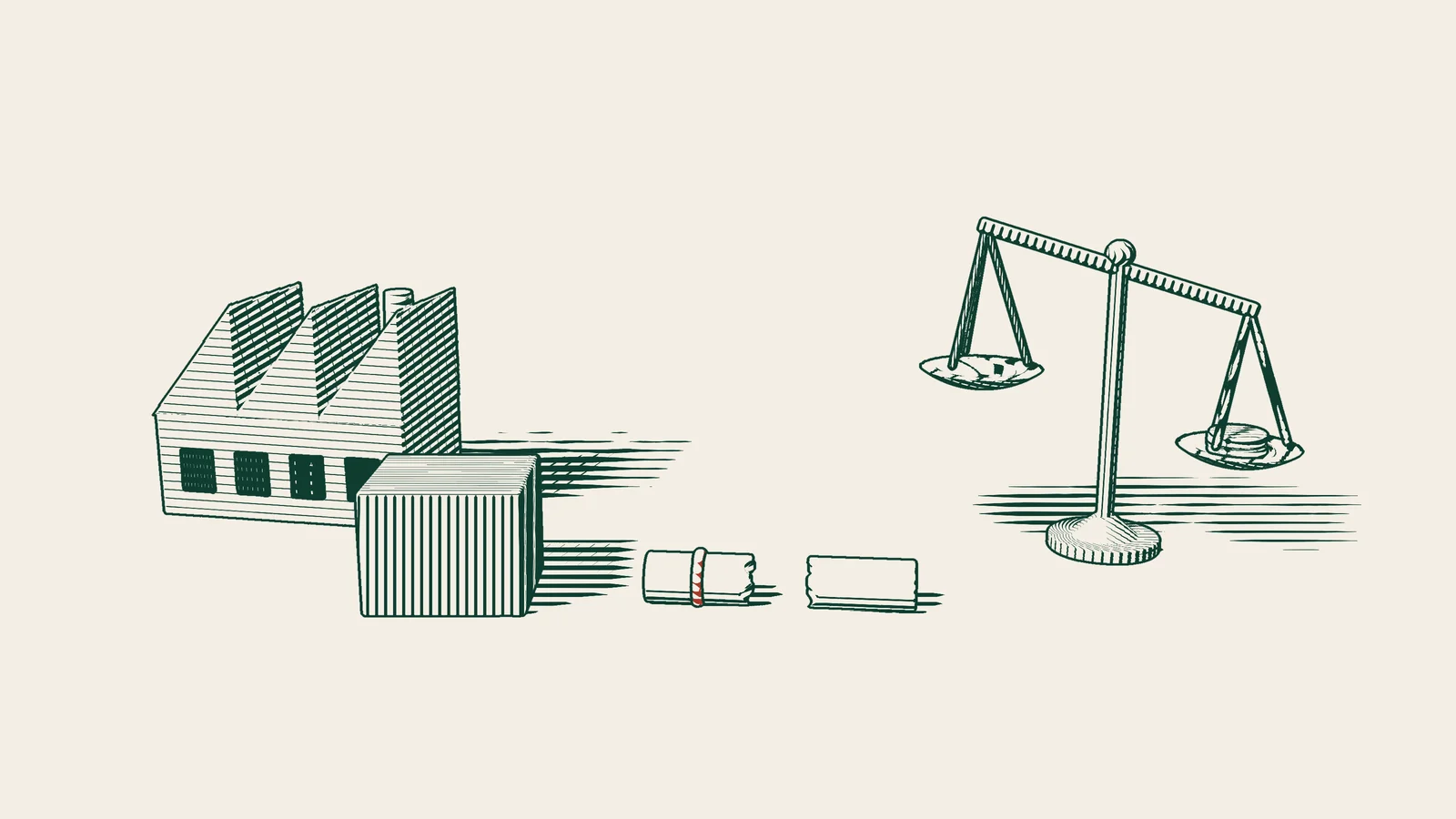 Engraving: a factory with a shipping crate in front of it, a contract scroll torn in two, and a pair of tilted scales.