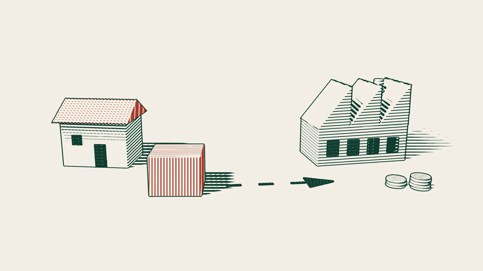 Engraving: a red box leaves a house and travels along an arrowed path back to a factory, with a tower of coins beside the factory.